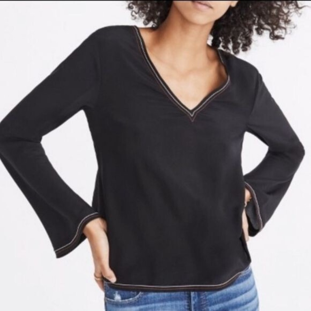 Madewell Black 100% Silk Contrast stitch Bell Sleeve Blouse‎  Women's Size S